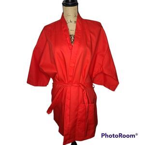 Vintage 60s 70s Red Short Tie Waist Robe House Coat